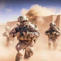 soldado forças brigando e açao dentro a deserto, generativo ai ilustração. foto