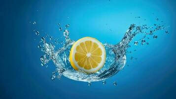 amarelo limão dentro água respingo isolado sobre a azul fundo. ai gerado foto