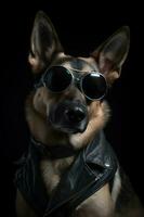 legal cachorro com oculos de sol e couro Jaqueta em Preto fundo. elegante aparência, estar na moda. estilo e moda. à moda animal. cachorro chefe, engraçado animal. generativo ai. foto