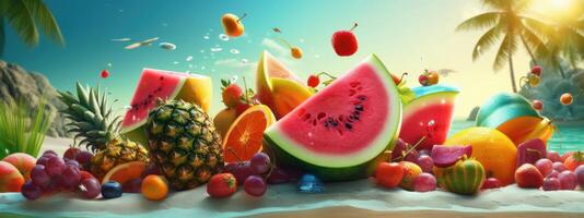 fresco vários frutas para verão fundo, verão festivo Tempo conceito. generativo ai foto