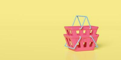 esvaziar Rosa compras carrinhos ou cesta isolado em amarelo fundo. conceito 3d ilustração ou 3d render foto
