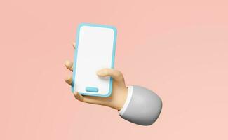 3D mão segurando o smartphone isolado no fundo rosa. mão usando telefone celular, modelo de telefone de tela, maquete de telefone de tela vazia, conceito mínimo, ilustração de renderização 3d foto