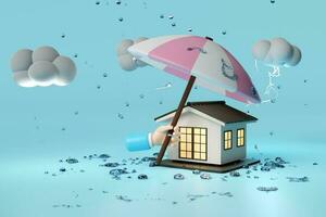 3d casa com homem de negocios mãos segurando guarda-chuva, nuvem, solta chuva água, trovão isolado em azul fundo. proteção e segurança conceito, 3d render ilustração foto