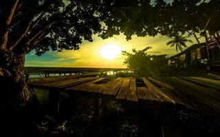 lindo pôr do sol com árvore e de madeira ponte foto