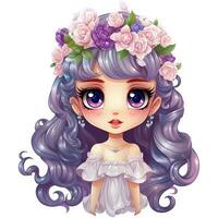 fofa desenho animado menina vestindo uma coroa do flores dentro dela cabelo ai generativo foto