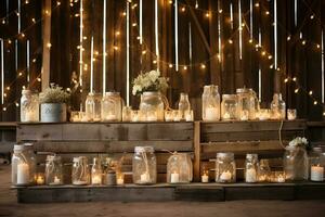 Casamento decoração com velas dentro a Formato do vidro frascos ai generativo foto