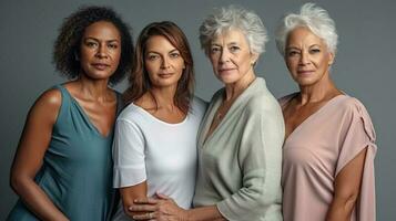 uma celebração do era e diversidade, com poder mulheres abraçando individualidade. generativo ai foto