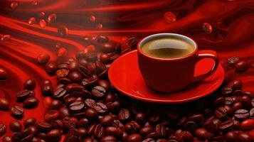 uma copo do quente café com assado feijões em brilhante vermelho amassado tecido fundo. generativo ai. foto