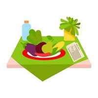 conectados compras, Comida Entrega. ícones para expressar, Entrega lar. frutas, vegetais, água, jornal em a mesa foto