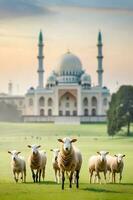 uma pacote do ovelhas dentro a meio do mesquita Campo de grama foto