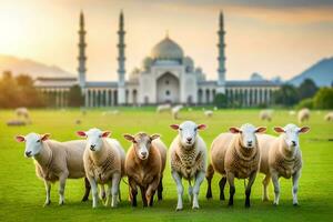 uma pacote do ovelhas dentro a meio do mesquita Campo de grama foto