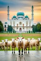 uma pacote do ovelhas dentro a meio do mesquita Campo de grama foto