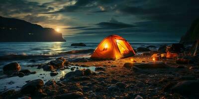 acampamento com uma barraca fechar para a água dentro a noite, generativo ai foto