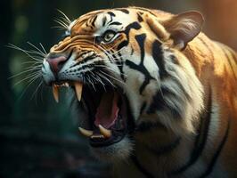 dramático tiro do uma selvagem tigre rugindo foto