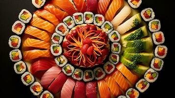 Sushi cardápio. lista com salmão, abacate, pepino. japonês Comida. criada com generativo ai foto