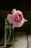 Rosa rosa dentro uma vidro vaso em uma Sombrio de madeira fundo foto