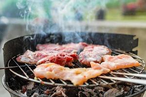 carnes grelhadas, carne de porco, vaca e frango na churrasqueira, grelha. profundidade superficial de campo. foto