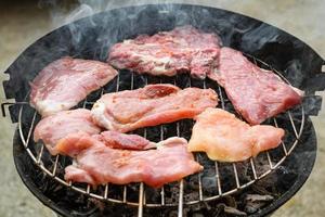 carnes grelhadas, carne de porco, vaca e frango na churrasqueira, grelha. profundidade superficial de campo. foto