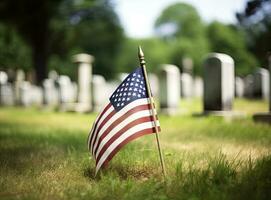 pequeno americano bandeiras e lápides às nacional cemitério- memorial dia exibição criada com generativo ai tecnologia. foto