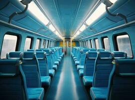 imagem com a interior do fronteira trem. uma moderno trem com confortável e colorida cadeiras. criada com generativo ai tecnologia foto