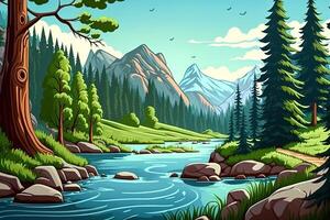 uma desenho animado fundo do montanhas, rios, e árvores gerado de ai foto