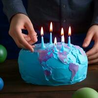 humano mãos aguarde uma bolo com a continentes do a planeta. mundo mapa. bolo dia. mundo terra dia. ai gerado foto