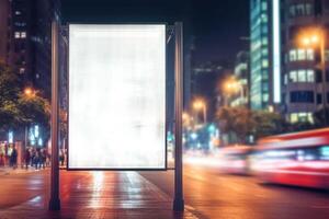 em branco vertical Painel publicitário poster em cidade rua ônibus Pare placa às noite. generativo ai ilustração foto