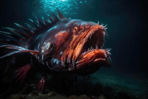 águas profundas peixe às a inferior do a oceano. uma assustador peixe com grande dentes. embaixo da agua mundo. generativo ai foto