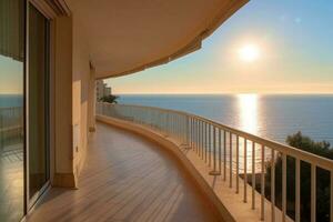 uma ampla apartamento sacada com mar visualizar. terraço com uma lindo visualizar. generativo ai foto