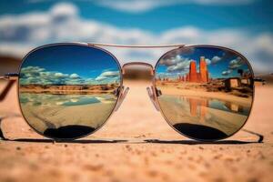 reflexão dentro a oculos de sol mostra mar de praia. verão conceito. generativo ai foto