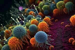 uma fundo com uma macro tiro do vários micróbios, vírus células e bactérias. generativo ai foto