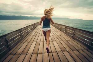 mulher corrida em de madeira calçadão dentro nascer do sol à beira-mar. Esportes estilo de vida. generativo ai foto