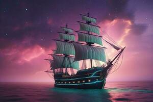 velho Magia fragata vôo em nuvens. navio dentro a oceano com poeira estelar e fantasia céu. generativo ai foto