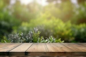imagem do de madeira mesa dentro frente do abstrato borrado fundo fez do plantas. generativo ai foto