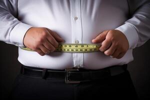 uma gordo homem dentro uma camisa é medindo dele cintura com uma medindo fita. generativo ai foto