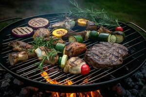 sortido grelhado carne com legumes em churrasco grade com fumaça e chamas. generativo ai foto