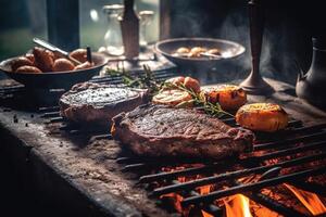 churrasco bife com molho, carne e churrasco ferramentas, dentro a estilo do intenso atmosfera. generativo ai foto