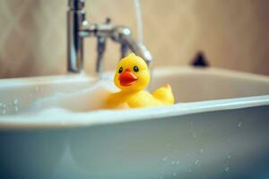 amarelo Pato brinquedo dentro a banheira. banho Tempo conceito. generativo ai foto