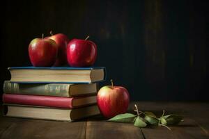 quadro-negro com livros e maçãs em de madeira escrivaninha. costas para escola conceito. generativo ai foto