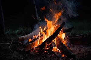 fogueira às Turística acampamento dentro a noite. chama e fogo faíscas em Sombrio fundo. generativo ai foto