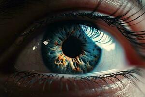 fechar azul acima do uma humano olho. uma macro do uma multi colori olho. generativo ai foto