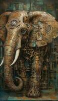 intrincado steampunk elefante dentro cubista óleo pintura estilo com envelhecido pátina. perfeito para cartazes e rede. generativo ai foto