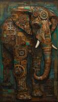 intrincado steampunk elefante dentro cubista óleo pintura estilo com envelhecido pátina. perfeito para cartazes e papeis de parede. generativo ai foto