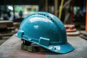 azul capacete de segurança para construção trabalhadores garantindo local de trabalho segurança. generativo ai foto