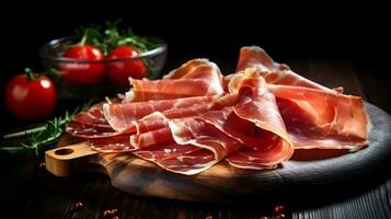 italiano prosciutto crudo ou jamon com alecrim. cru presunto. foto