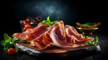 italiano prosciutto crudo ou jamon com alecrim. cru presunto. foto