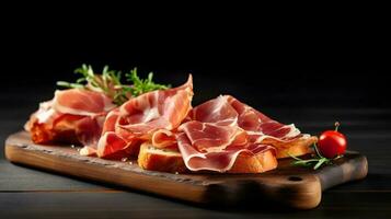 italiano prosciutto crudo ou jamon com alecrim. cru presunto. foto