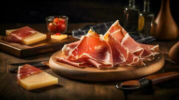 italiano prosciutto crudo ou jamon com alecrim. cru presunto. foto