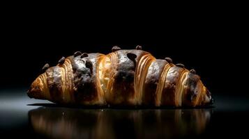 chocolate croissant em Sombrio fundo. foto