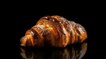 chocolate croissant em Sombrio fundo. foto